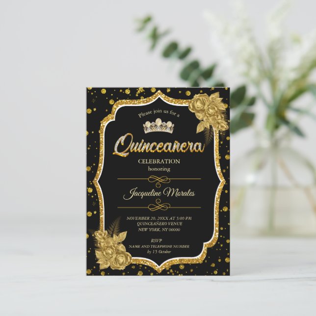 Black Gold & White Quinceañera Birthday Einladung Postkarte (Stehend Vorderseite)