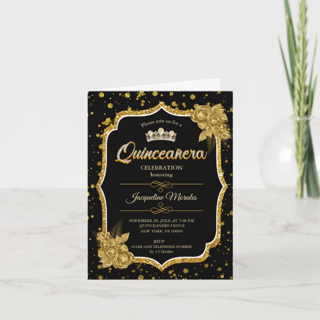 Black Gold & White Quinceañera Invitation d'annive (Devant)