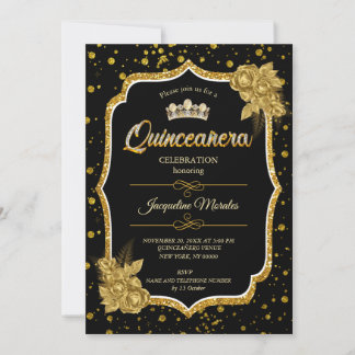 Black Gold & White Quinceañera Invitation d'annive