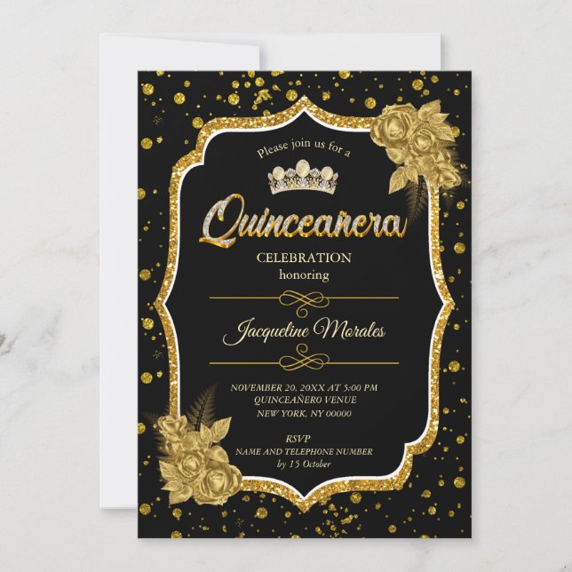 Black Gold & White Quinceañera Invitation d'annive (Devant)