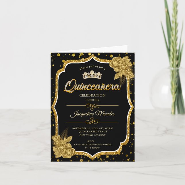 Black Gold & White Quinceañera Invitation d'annive (Devant)