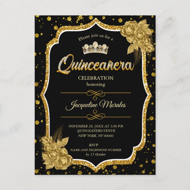 Black Gold & White Quinceañera Invitation d'annive (Devant)
