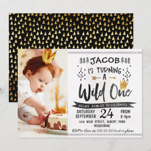 Black Gold Wild One Photo Invitation d'anniversair