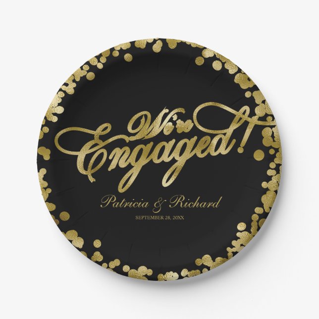 Black Gold Wir sind Verlobte Engagement Party Pappteller (Vorderseite)