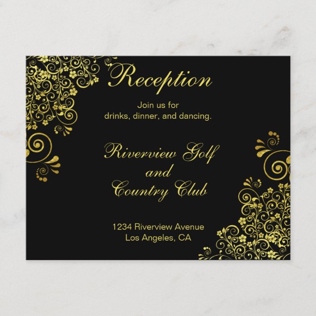 Black Gold Wirbel Hochzeitsempfang Begleitkarte (Vorderseite)