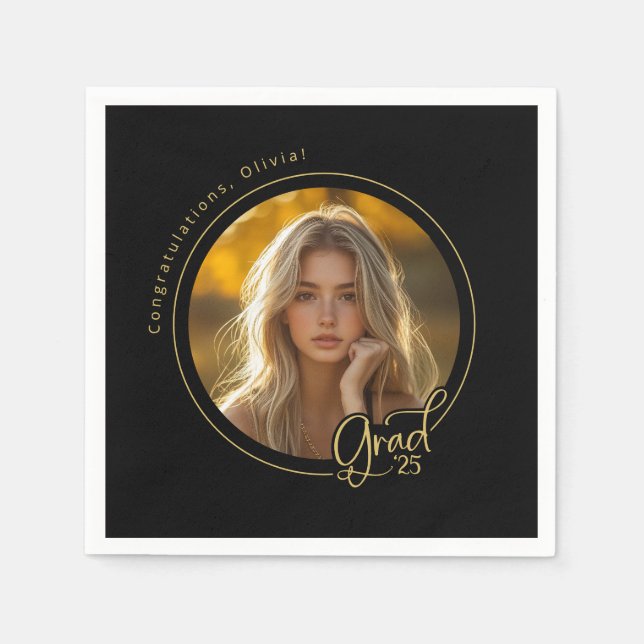 Black Gold Yellow Foto Graduation Party Serviette (Vorderseite)