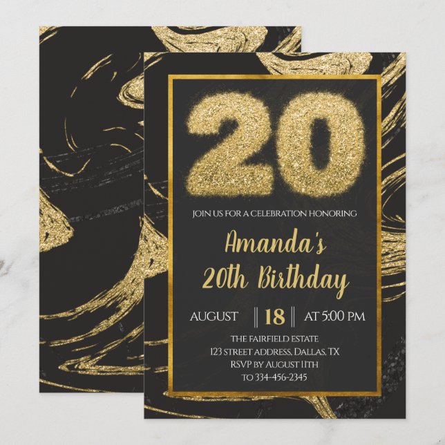 Black Golden 20. Geburtstag Einladung (Vorne/Hinten)