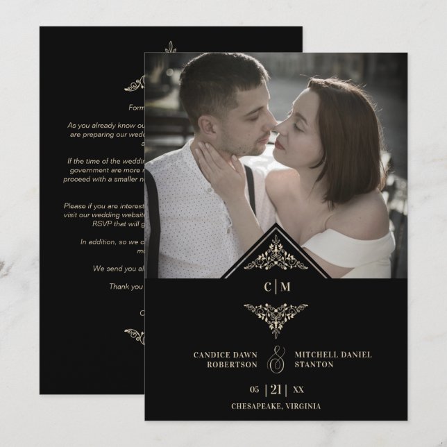 Black Golden Chic Lace Romantic Couple Wedding Save The Date (Vorne/Hinten)