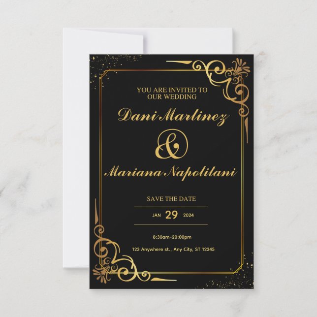 Black Golden Elegante Moderne Minimalistische Hoch Einladung (Vorderseite)