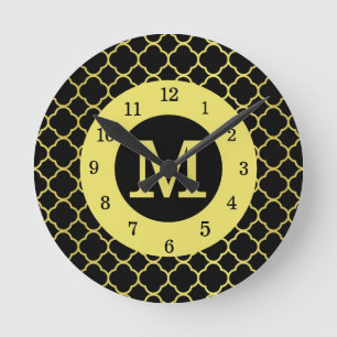 Black Golden Quatrefoil Monogrammed Round Clock Runde Wanduhr