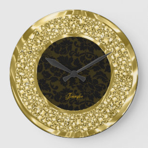Black & Golden Sparkling Diamonds Glitter-Monogram Große Wanduhr