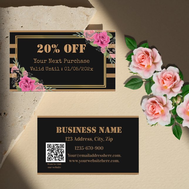 Black Golden Strips floral QR Code Discount Card Rabattkarte (Von Creator hochgeladen)