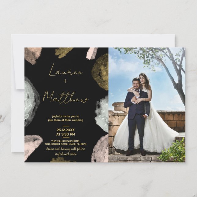 Black Golden Wedding Einladungen mit Foto (Vorderseite)