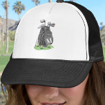 Black Golf Initial Monogram Truckerkappe<br><div class="desc">This black and white hat features a stylish black watercolor golf bag filled with clubs, sitting on a patch of green grass. The design includes a simple serif white initial monogram placed right on the bag, making it feel like a natural part of the artwork. The letter stands out against...</div>