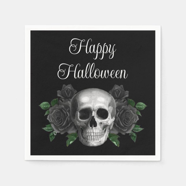 Black Gothic Black Floral Skull Halloween Serviette (Vorderseite)