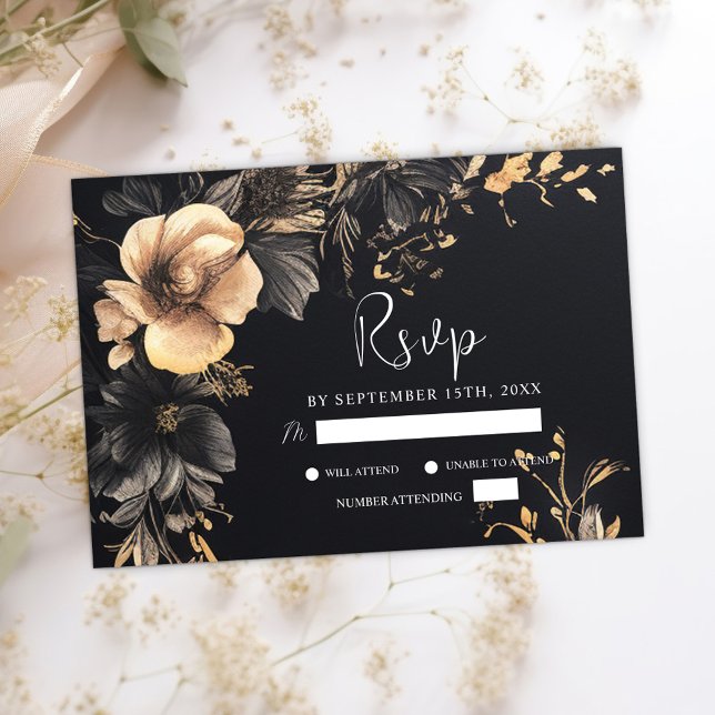 Black Gothic Floral Moody Dark Wedding RSVP Karte (Black Gothic Floral Moody Dark Wedding RSVP Card)