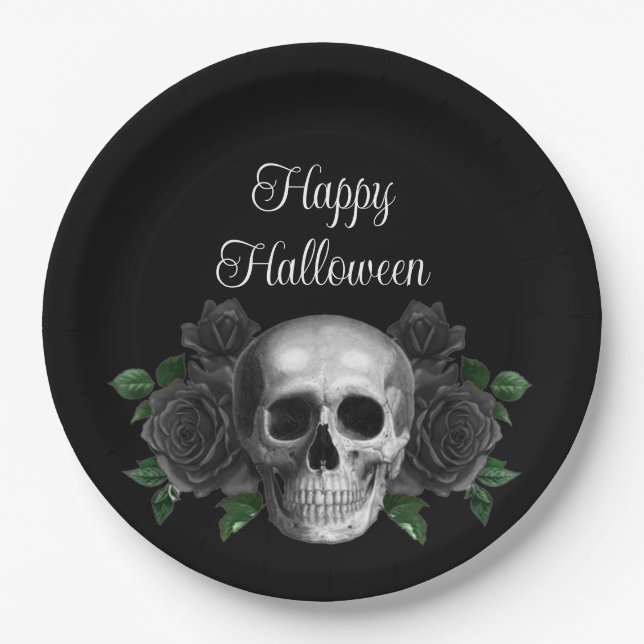Black Gothic Floral Skull Halloween Pappteller (Vorderseite)