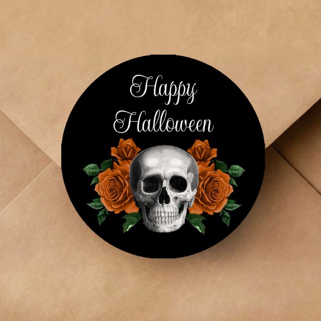 Black Gothic Floral Skull Halloween Runder Aufkleber (Black Gothic Floral Skull Halloween Classic Round Sticker)