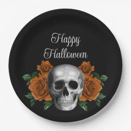 Black Gothic Floral Skull Happy Halloween Pappteller