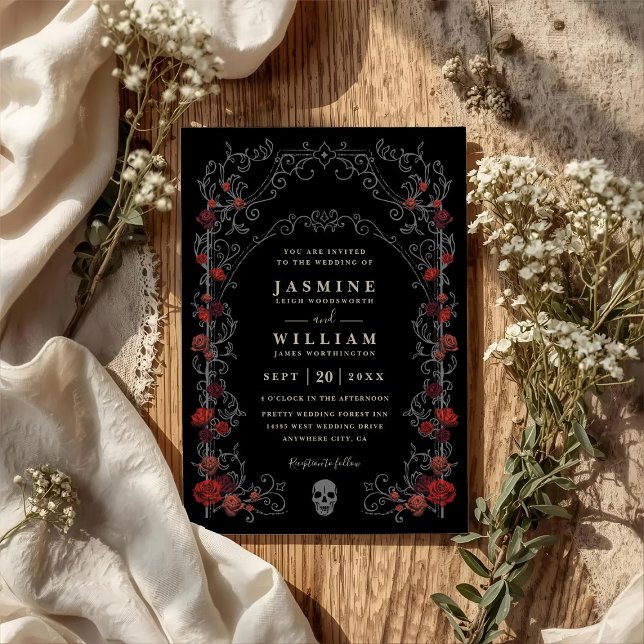 Black Gothic Gate Romance Elegant QR Code Wedding Einladung (Von Creator hochgeladen)