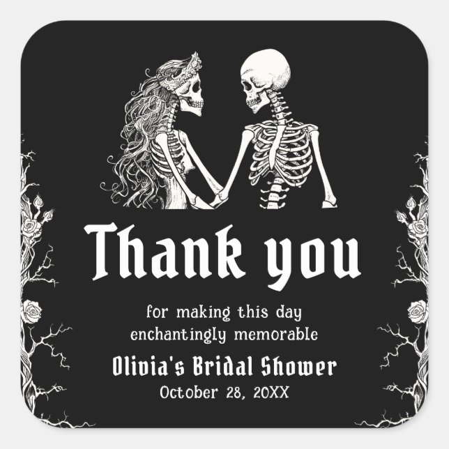 Black Gothic Halloween Skeleton-Brautparty Quadratischer Aufkleber (Vorderseite)