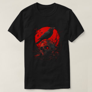Black Gothic Raven Skull Red Moon Crow T-Shirt