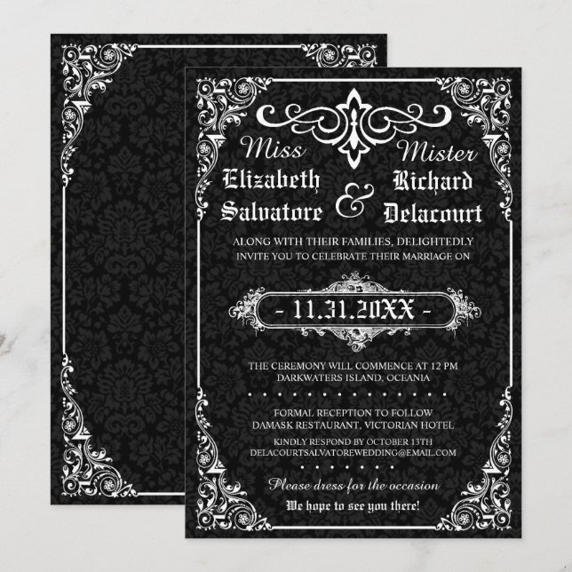 Black Gothic Viktorianisch Damask Wedding Einladun Einladung (Vorne/Hinten)