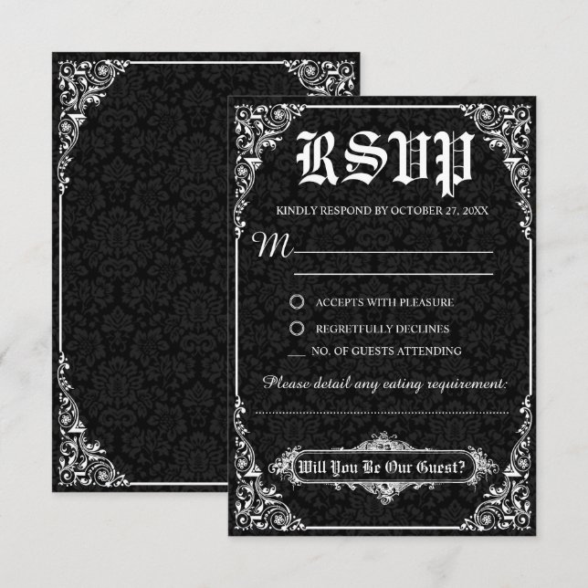 Black Gothic Viktorianisch Damask Wedding RSVP Car Einladung (Vorne/Hinten)