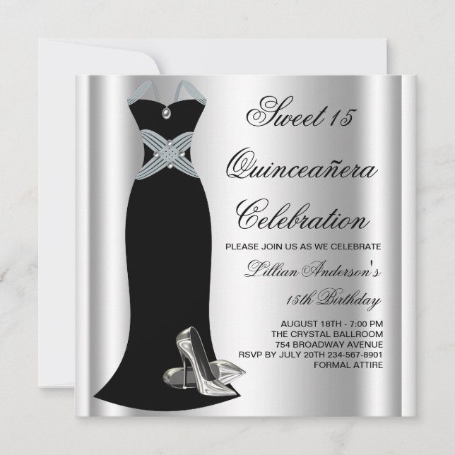 Black Gown High Heel Schuhe Sweet 15 Quinceanera Einladung (Vorderseite)