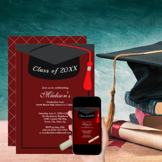 Black Grad Cap Diploma Simple Graduation Party Red Einladung (Black Grad Cap Diploma Simple Graduation Party Red Invitation)