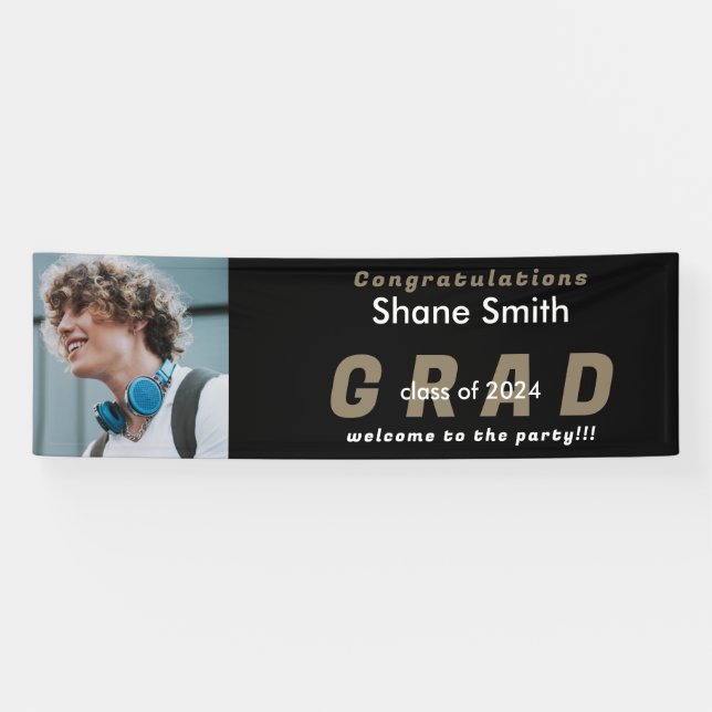 Black Grad Foto Gold Text Abschluss Banner (Horizontal)