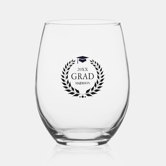 Black Grad Typografie Laurel Wreath Weinglas Ohne Stiel (Vorderseite)