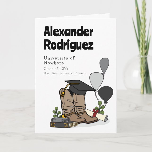Black Graduation Cap Cowboy Boot Arrangement Einladung (Vorderseite)