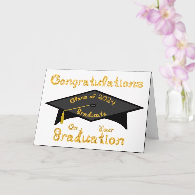 Black Graduation Cap Gold Graduate Class 2024 Hat Karte (Orchidee)