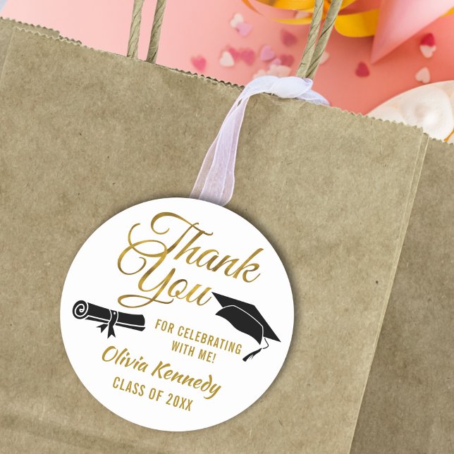 Black Graduation Cap Gold Thank You Script Favor Runder Aufkleber (Von Creator hochgeladen)