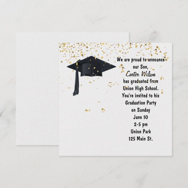 Black Graduation Cap mit Gold Confetti Einladung (Vorne/Hinten)