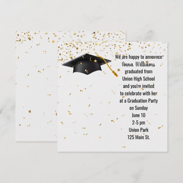Black Graduation Cap mit Gold Confetti Einladung (Vorne/Hinten)