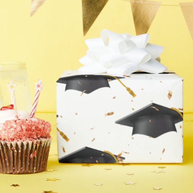 Black Graduation Caps und Gold Confetti Geschenkpapier (Geburtstagsparty)