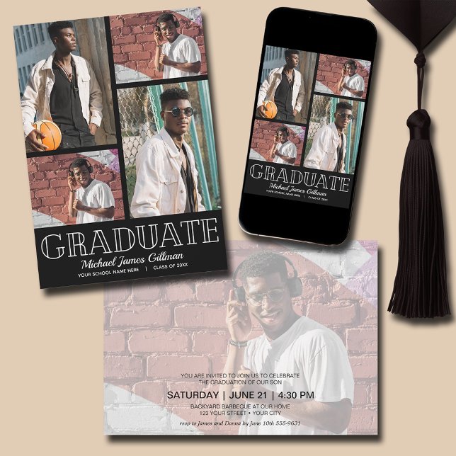 Black Graduation Party mit mehreren Fotos Einladung (Multi Photo Black Graduation Party Invitations - PRINTED and/or INSTANT DOWNLOAD)