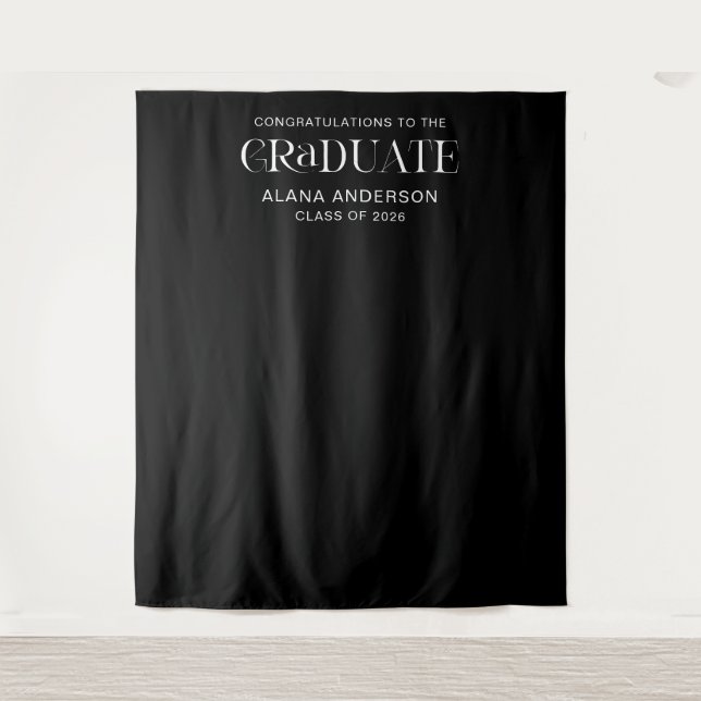 Black Graduation Party Modern Backdrop with Name Wandteppich (Vorderseite)