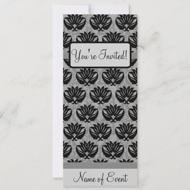 Black Gray Art Nouveau Damask Happy Birthday Party Einladung (Vorderseite)