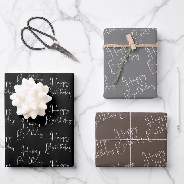 Black Gray Brown Happy Birthday Geschenkpapier Set (Vorderseite)