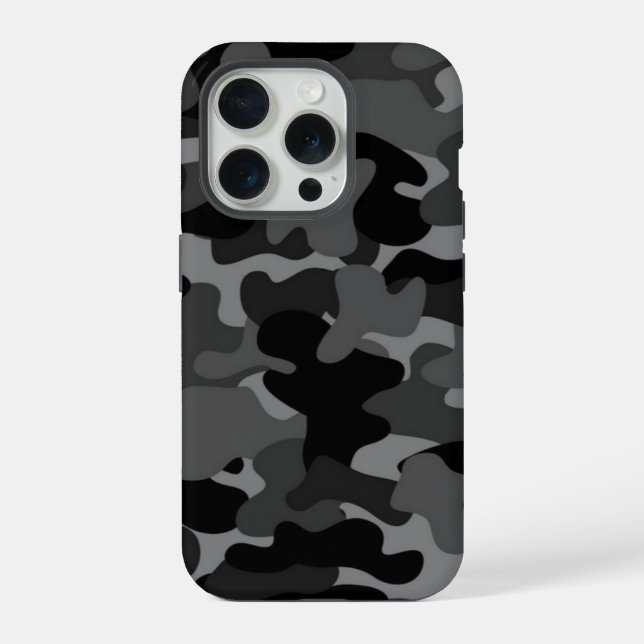 Black Gray Camouflage iPhone 15 Pro Hülle (Rückseite)
