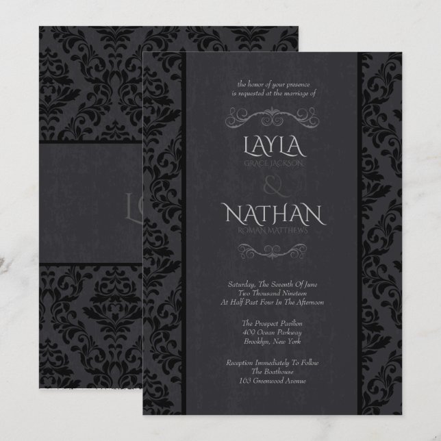 Black & Gray Damask Einladungen für Hochzeiten (Vorne/Hinten)