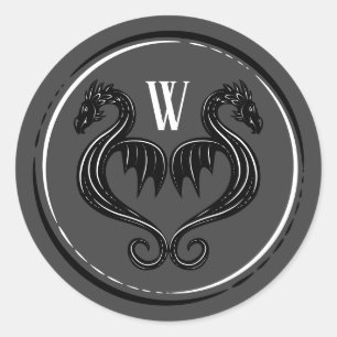 Black Gray Dragon Monogram Fantasy Wedding Runder Aufkleber