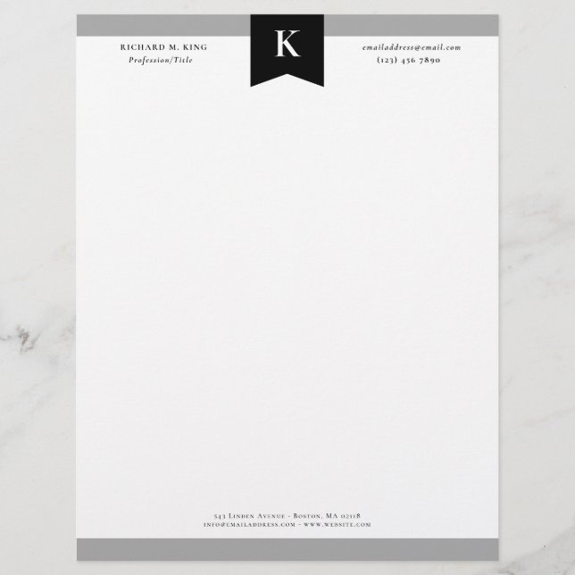 Black Gray EleganBold Monogram Contact Info Briefbogen (Vorderseite)