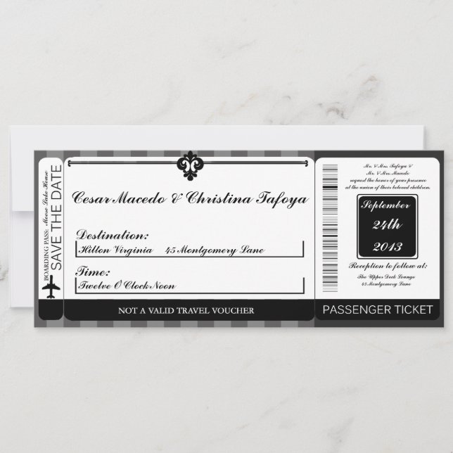 Black Gray Flouri Boarding Pass Einladung Hochzeit (Vorderseite)