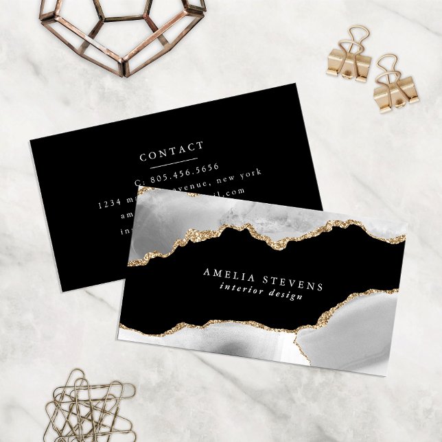 Black, Gray & Gold Agate Business Card Visitenkarte (Von Creator hochgeladen)