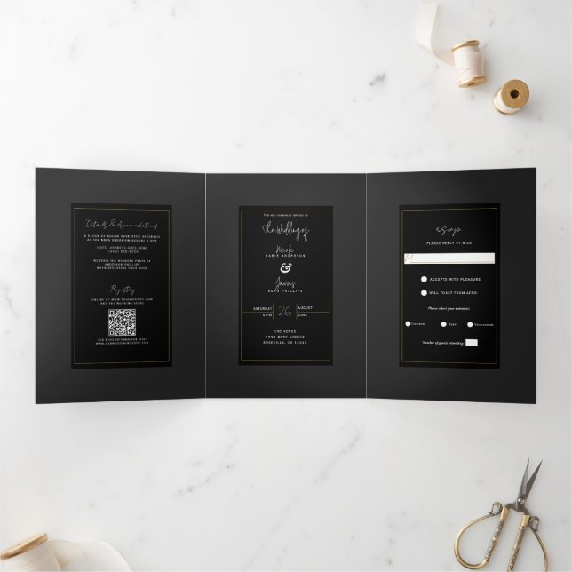 Black Gray Gold Moderne Highlights Dreifach Gefaltete Einladung (Innenseite)