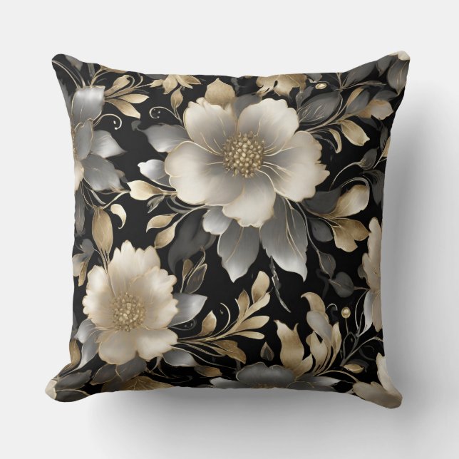 Black Gray Gold White Floral Kissen (Vorderseite)